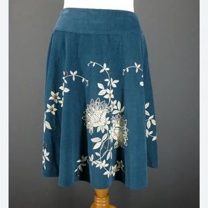 Talbots teal corduroy flare skirt with delicate flowers and beading